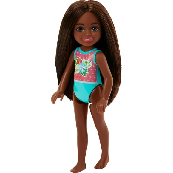 Barbie Chelsea Small Doll with Beach Swimsuit, Polka Dot & Floral Print, Brown Hair & Brown Eyes