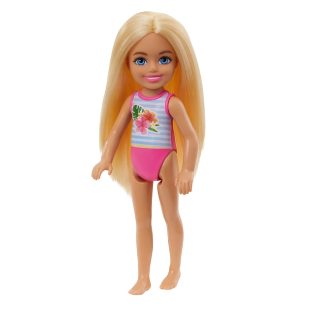 Barbie Chelsea Small Doll with Beach Swimsuit, Stripes & Floral Print, Blonde Hair & Blue Eyes