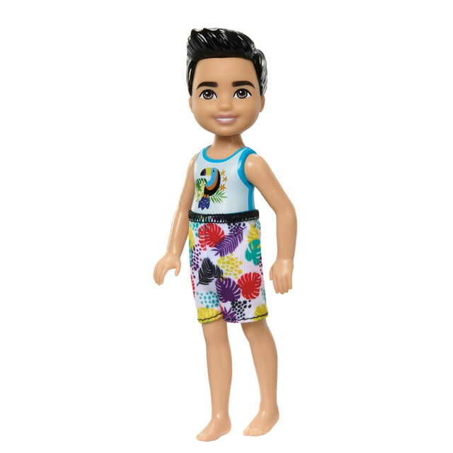 Barbie Chelsea Small Doll with Beach Swimsuit, Toucan & Tropical Leaf Print, Black Hair & Brown Eyes