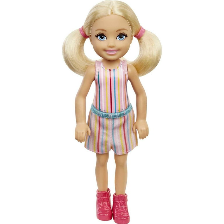 Barbie Chelsea Small Doll with Blonde Hair in Pigtails & Blue Eyes in  Removable Striped Dress 