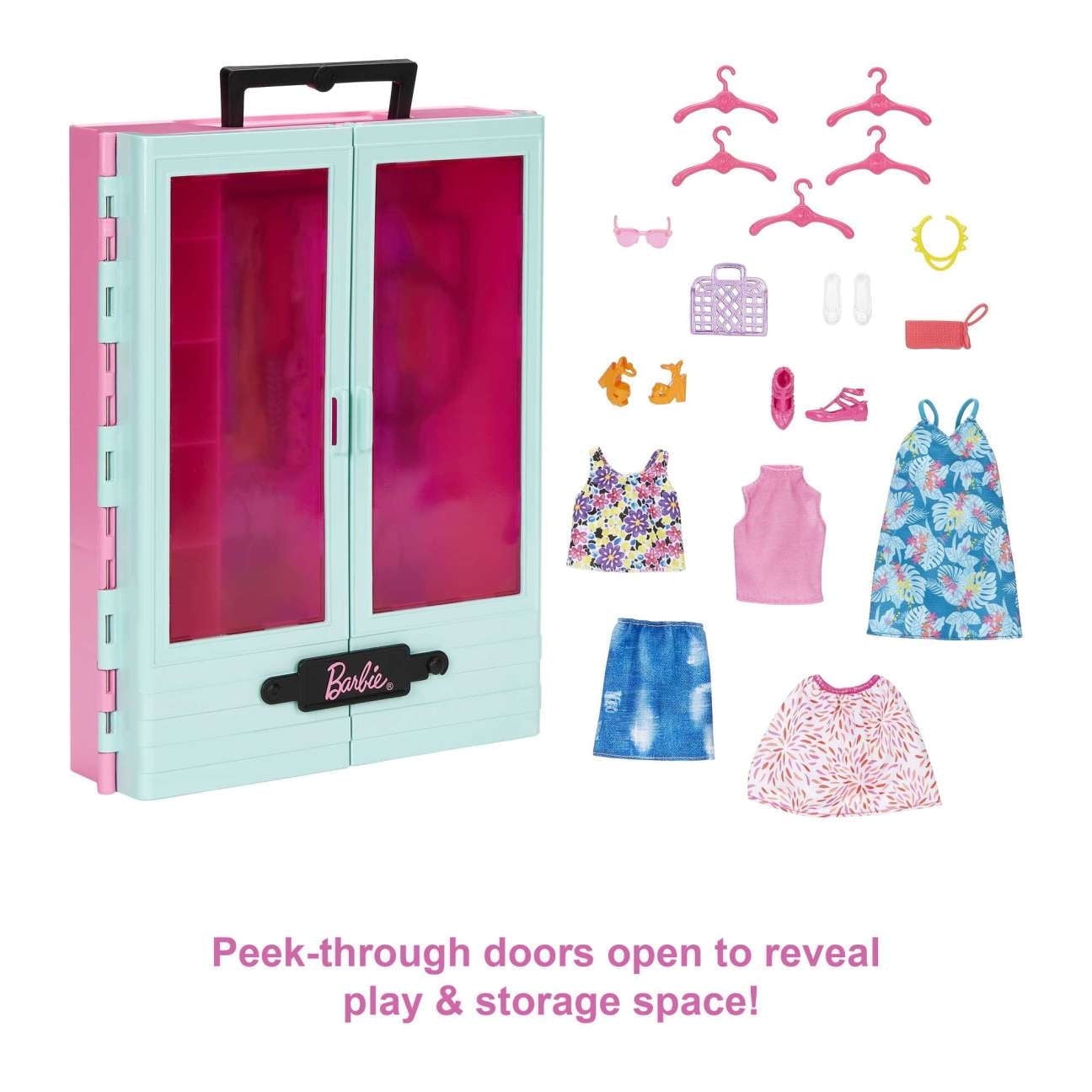 Barbie Closet Playset with 3 Outfits, Styling Accessories & Hangers, Mix & Match Clothes for 50+ Looks