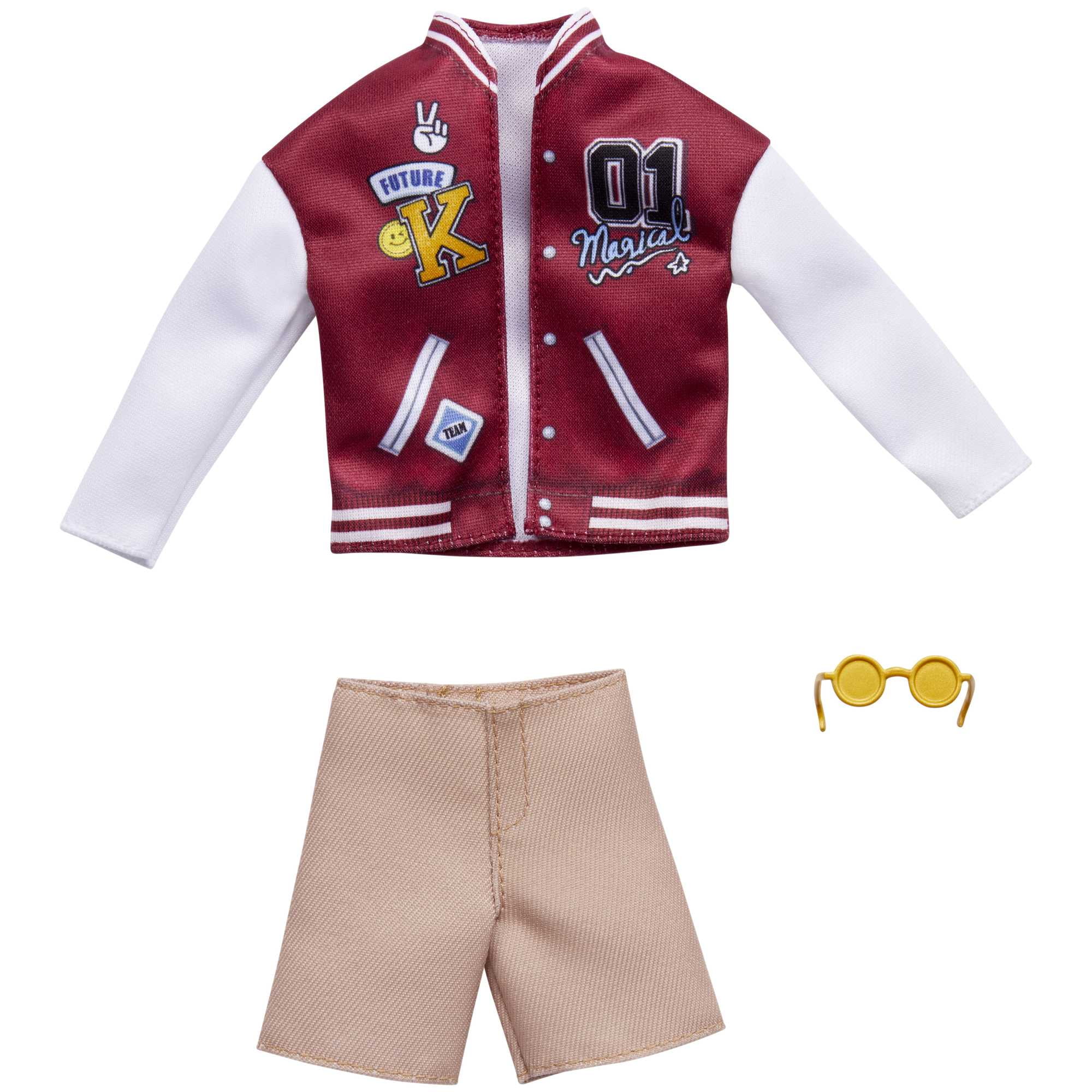Barbie Clothes & Accessories, Fashion Set for Ken Doll with Varsity Jacket, Shorts & Sunglasses