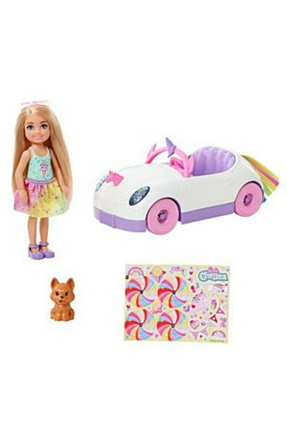 Club Chelsea Doll (6-Inch Blonde) With Open-Top Unicorn Car & Sticker Sheet