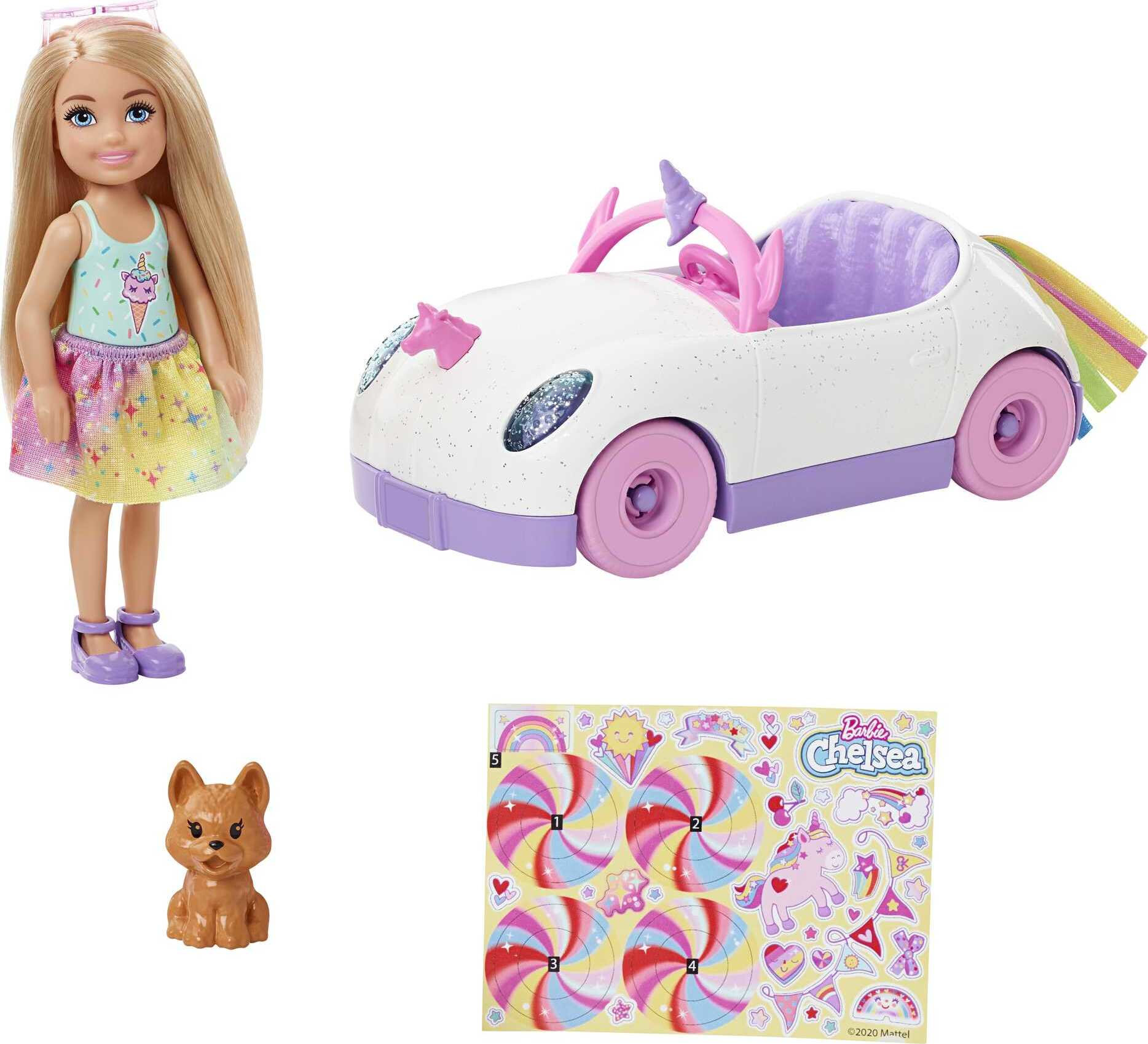 Barbie Club Chelsea Doll & Toy Car, Unicorn Theme, Blonde Small Doll, Puppy, Stickers & Accessories - image 1 of 6