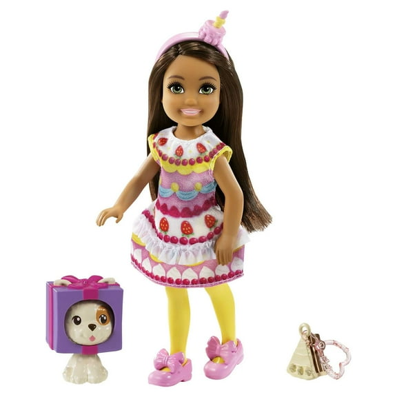Barbie Club Chelsea Dress-Up Small Doll, Brunette, in Cake Costume with Puppy & Accessories