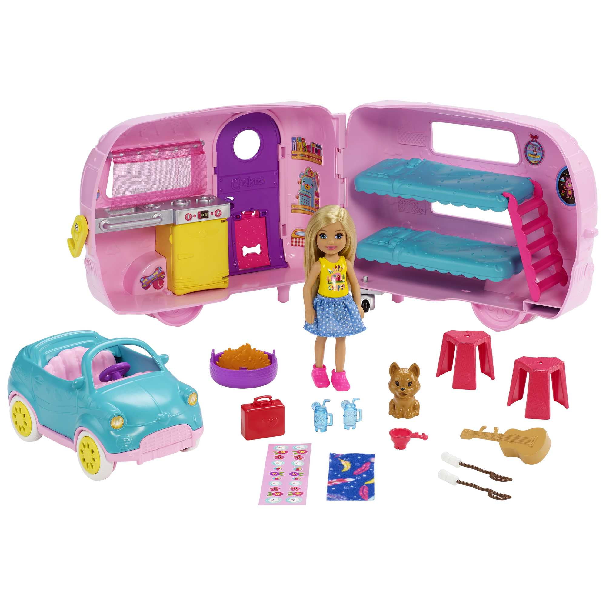 Walmart Saving of  Barbie Club Chelsea Camping Set, Pink Camper with Blonde Doll, Pet, Car & Accessories, 3 Years+