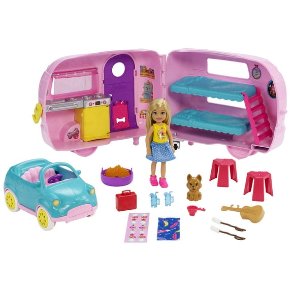 Barbie Club Chelsea Pink Camper Playset, Blonde Small Doll, Pet, Car & 10+ Accessories, Toy for 3 Years and Up