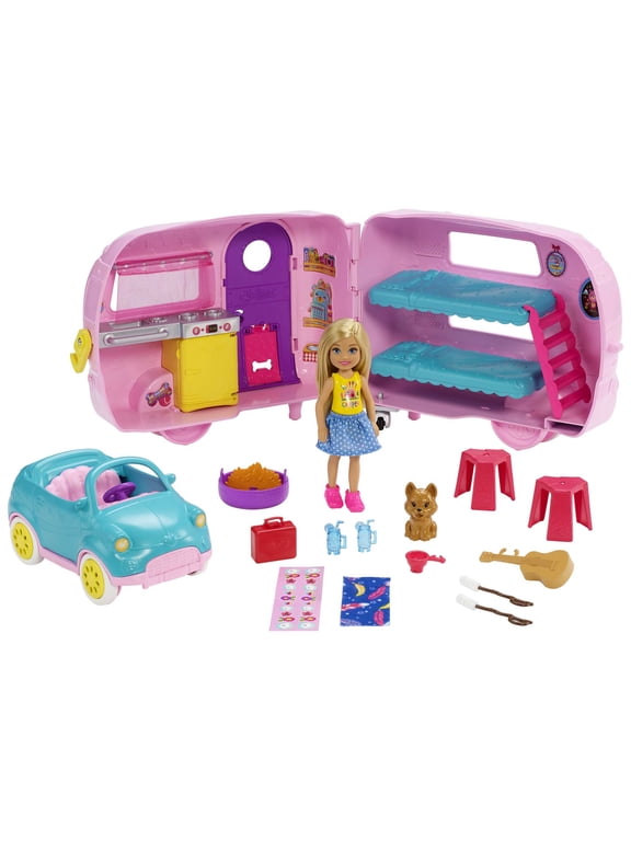 Club Chelsea Pink Camper Playset, Blonde Small Doll, Pet, Car & 10+ Accessories, Toy for 3 Years and Up