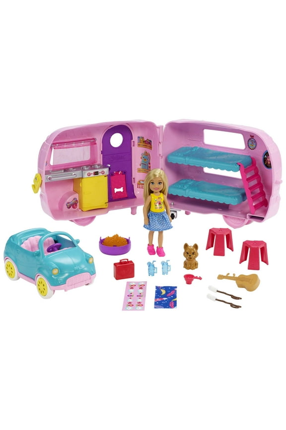 Club Chelsea Pink Camper Playset, Blonde Small Doll, Pet, Car & 10+ Accessories, Toy for 3 Years and Up