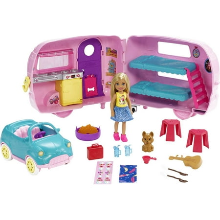 Barbie Club Chelsea Pink Camper Playset, Blonde Small Doll, Pet, Car & 10+ Accessories, Toy for 3 Years and Up