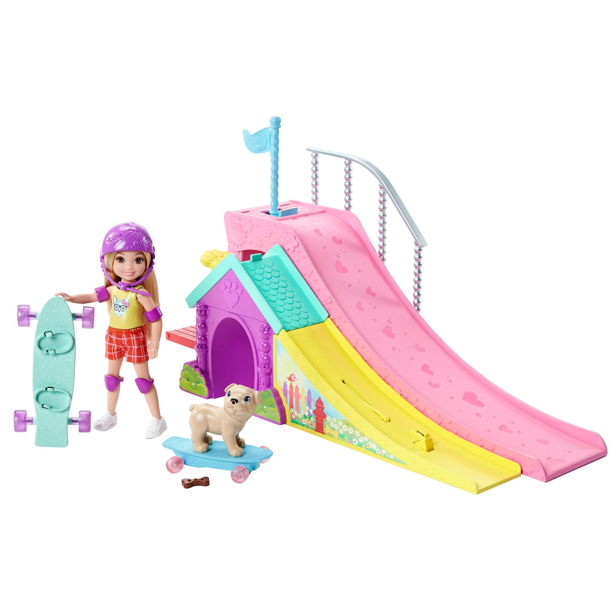 Barbie Toys, Chelsea Doll and Accessories, Skatepark Playset with 2  Puppies, Skate Ramp, Scooter, Sticker Sheet and 15+ Additional Pieces