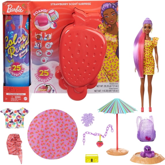 Free Shipping! Barbie Color Reveal Foam! Doll, Strawberry Scent, 25 ...
