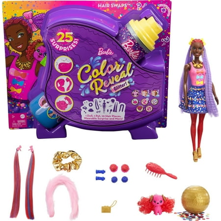 Barbie Color Reveal Glitter! Hair Swaps Doll, Glittery Blue with 25 Surprises, 10 Plug-In Hair Pieces