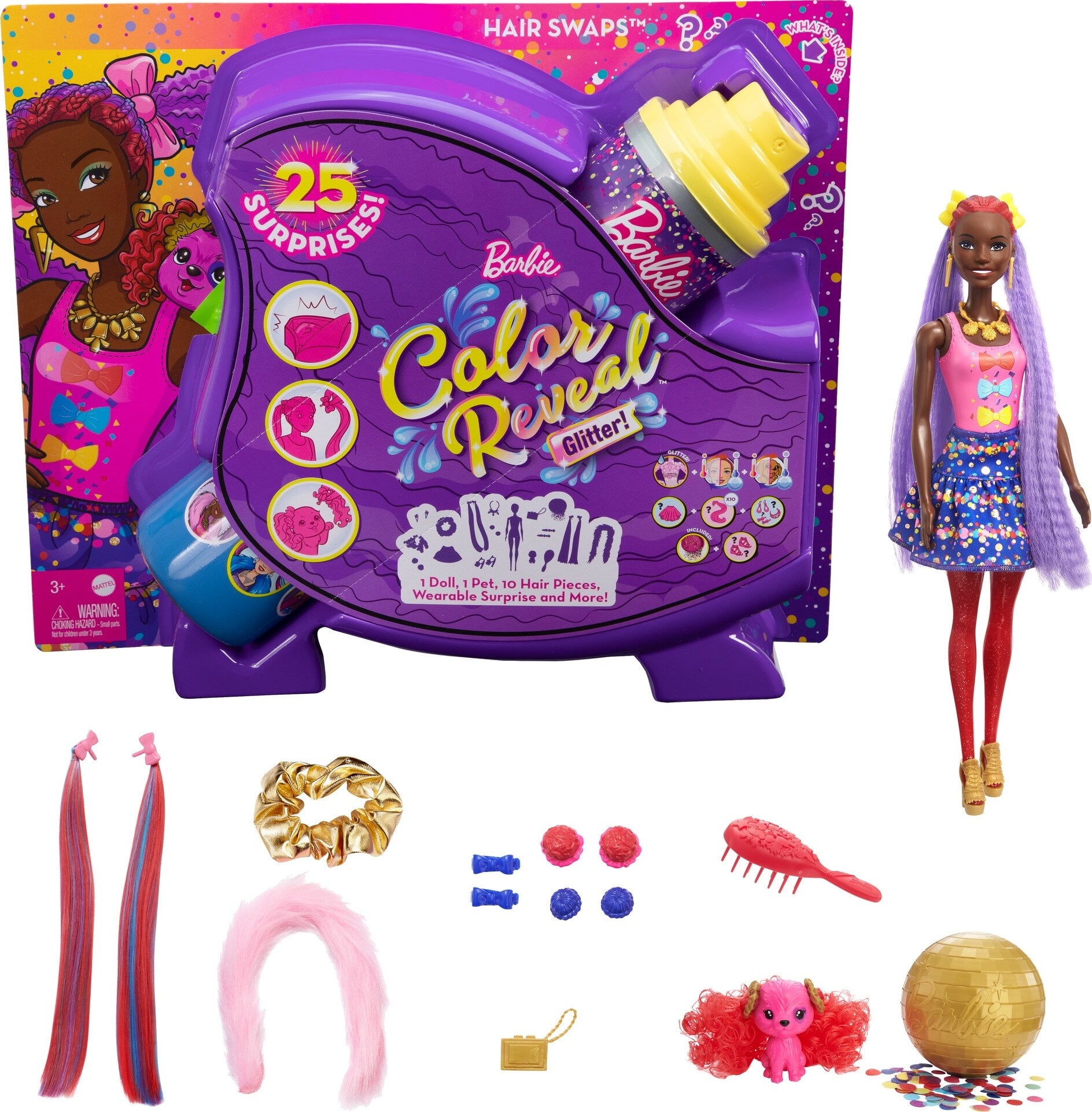 Barbie Color Reveal Glitter Doll with Fashion Surprise Mystery Changing Sparkle 25 Surprises 10 Hair Pieces Walmart