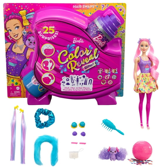 Barbie Color Reveal Glitter Hair Swaps Doll, Glittery Pink with 25 Hairstyling & Party-Themed Surprises Including 10 Plug-In Hair Pieces, Gift for Kids 3 Years Old & Up