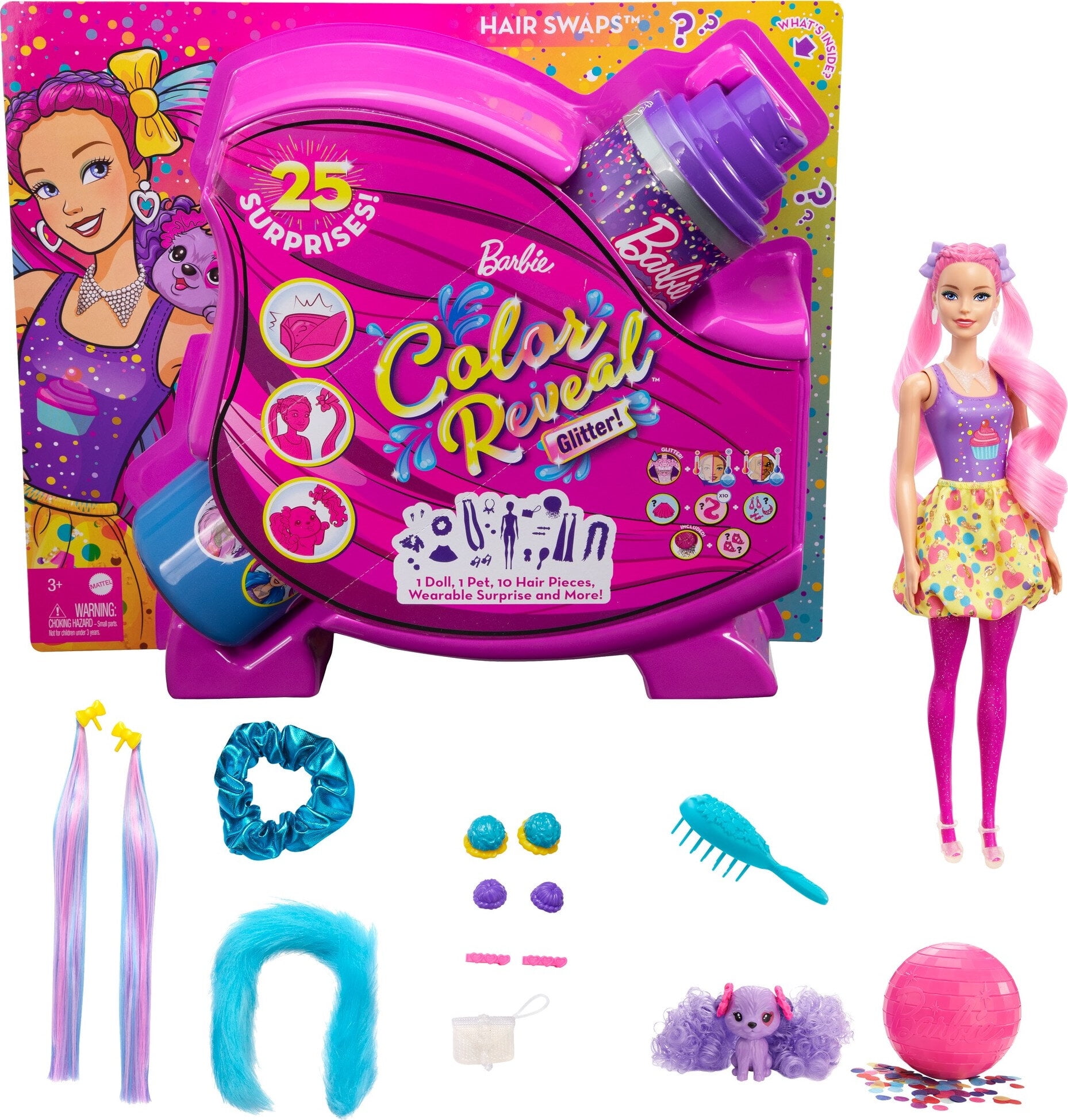 Barbie Color Reveal Glitter Hair Swaps Doll Glittery Pink 25 Hairstyling Party Themed Surprises Including 10 Plug in Pieces Gift Kids 3 Years Old Up 9c544457 dbef 41da 9810 945edb9e8cf2.200e6691744bd9ad53d318ee0f64ed26