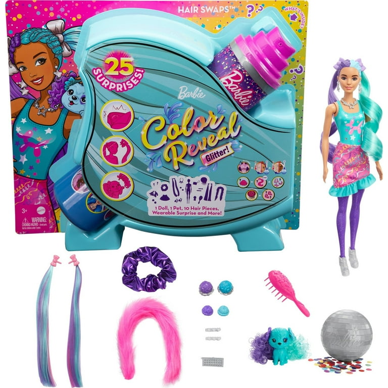 Barbie Color Reveal Glitter Hair Swaps Doll Glittery Purple with 25 Surprises