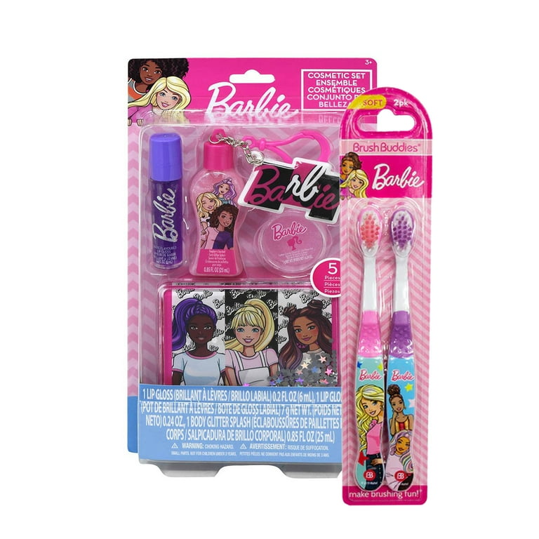 Barbie Cosmetic Accessory 5 Piece Set w Girls Barbie Toothbrush 2 Pack Set