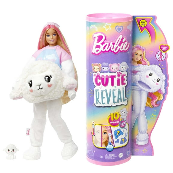 Barbie Cutie Reveal Cozy Cute Tees Doll & Accessories, Lamb in Dream T-shirt, Pink-Streaked Blond Hair & Blue Eyes