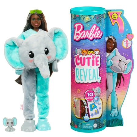 Barbie Cutie Reveal Jungle Series Fashion Doll with Elephant Plush Costume, Mini Pet & Accessories