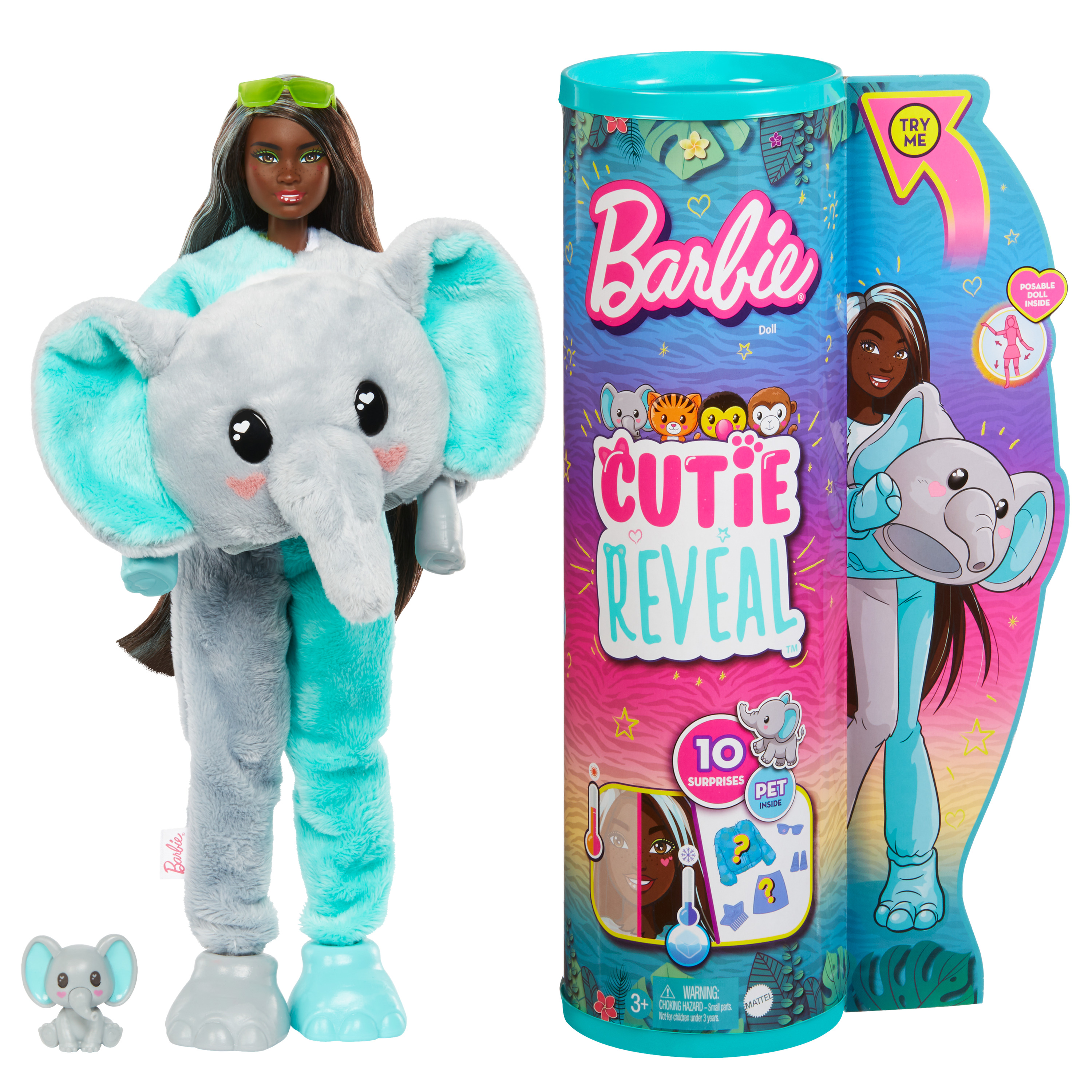 Barbie Cutie Reveal Jungle Series Doll With Elephant Plush Costume 