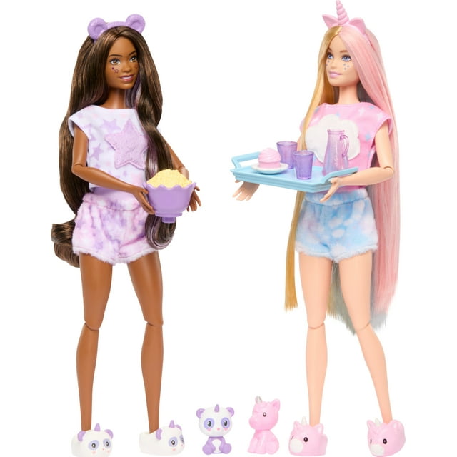 Barbie Cutie Reveal Slumber Party Gift Set with 2 Dolls & 2 Pets, 35+ Surprises, Cozy Cute Tees