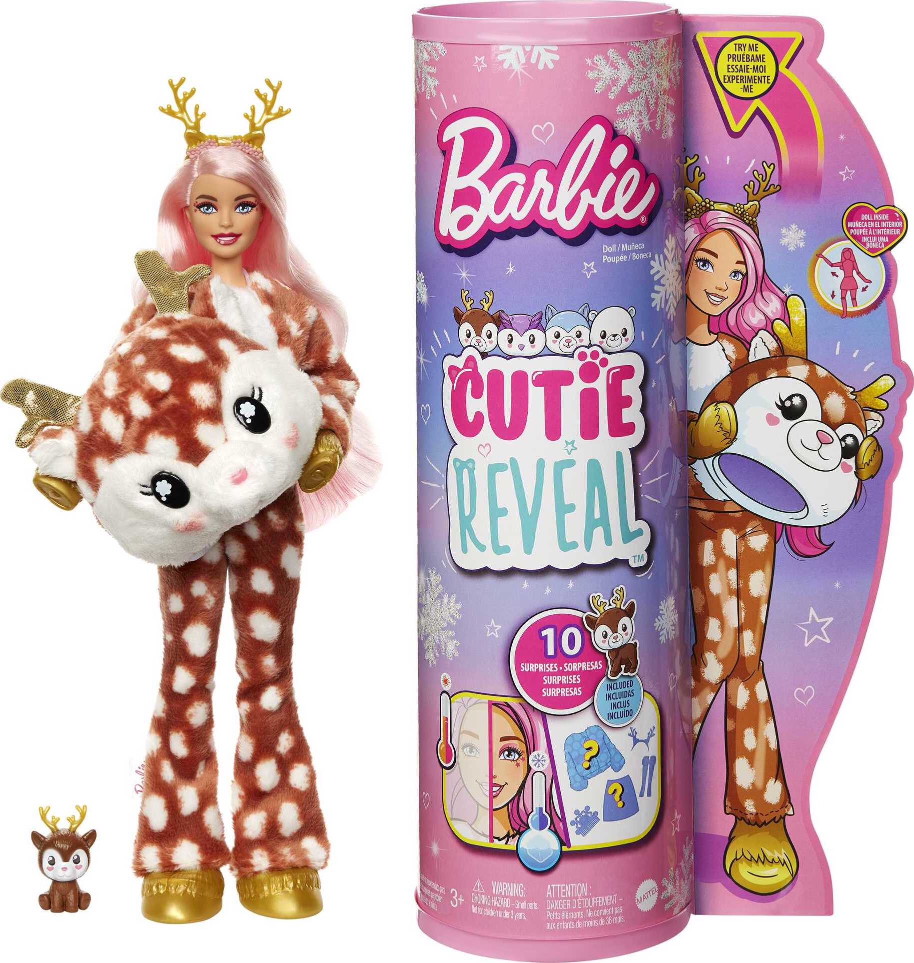 Barbie Cutie Reveal Snowflake Sparkle Doll With Deer Plush Costume 