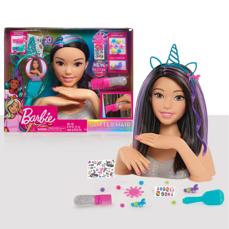 Barbie Deluxe 20-Piece Glitter and Go Styling Head, Black Hair
