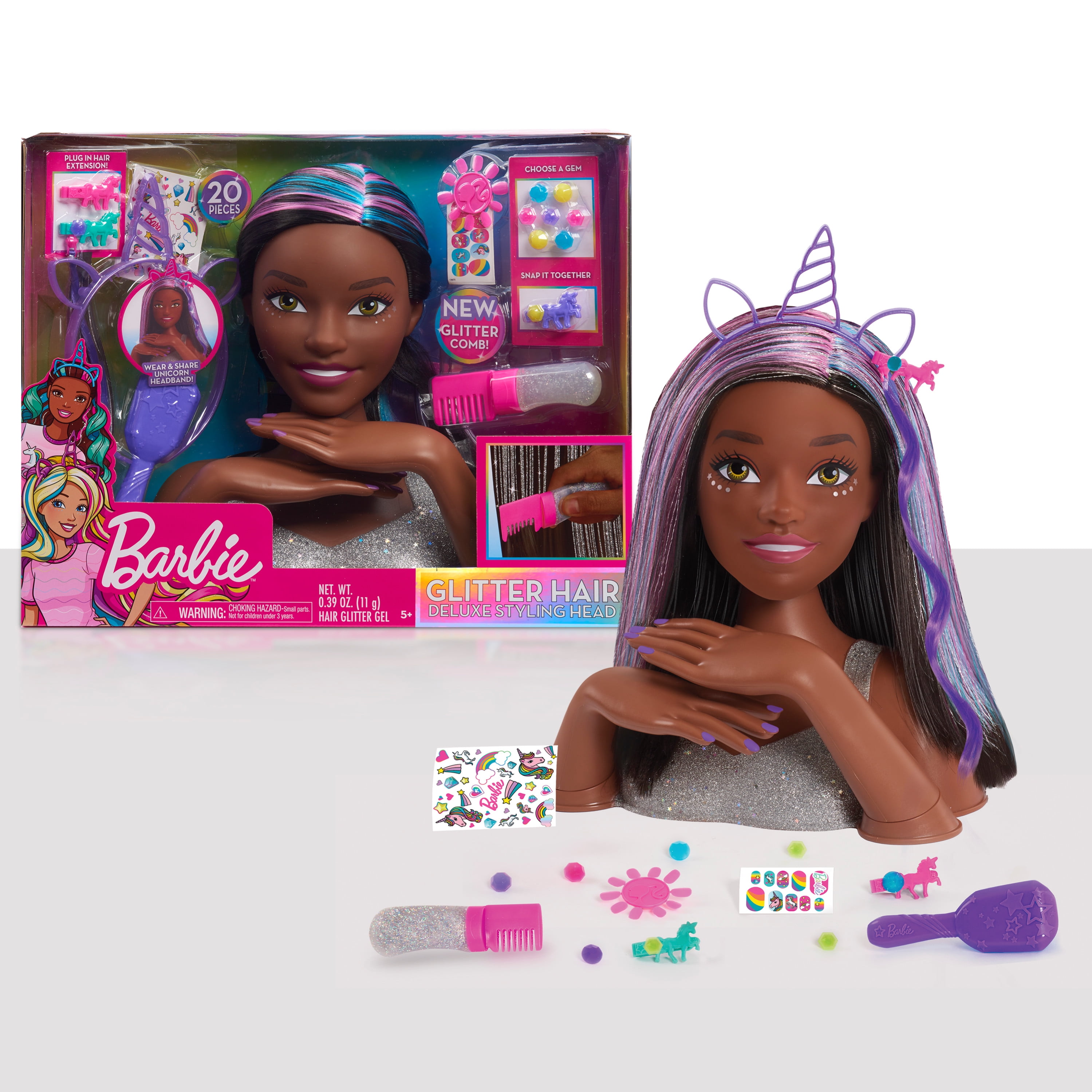 Barbie Deluxe 20-Piece Glitter and Go Styling Head, Black Hair, Kids Toys  for Ages 5 Up, Gifts and Presents