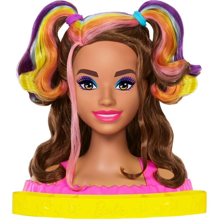 Barbie Deluxe Styling Head with Color Reveal Accessories and Wavy Brown Neon Rainbow Hair Walmart