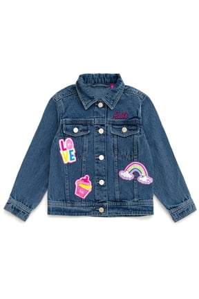 Big Girls' Long Sleeve Fashion Denim Jacket with Patch Appliques Medium Wash Blue with Barbie Rainbow and Cupcake Patches
