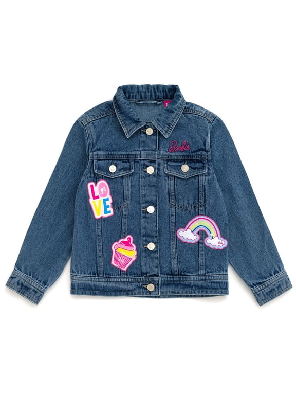 Big Girls' Long Sleeve Fashion Denim Jacket with Patch Appliques Medium Wash Blue with Barbie Rainbow and Cupcake Patches