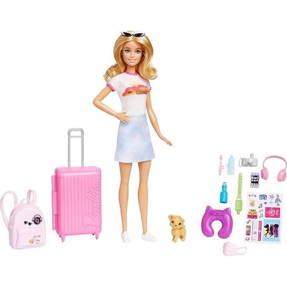 Barbie Doll & Accessories, Travel Set with Puppy and 10+ Pieces, Suitcase Opens & Closes, Malibu Doll with Blonde Hair