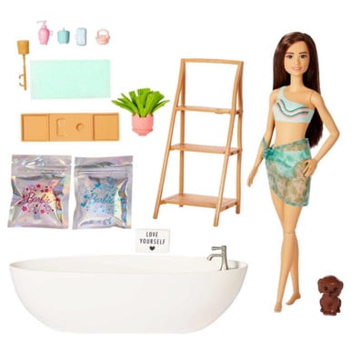 Barbie Doll & Bathtub Playset - Confetti Soap & Accessories - Brunette Doll 11"