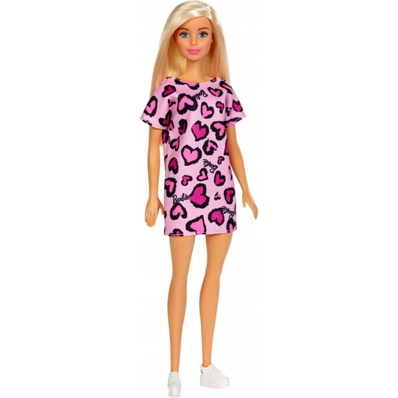Barbie Doll, Blonde, Wearing Pink Heart-Print Dress And Shoes