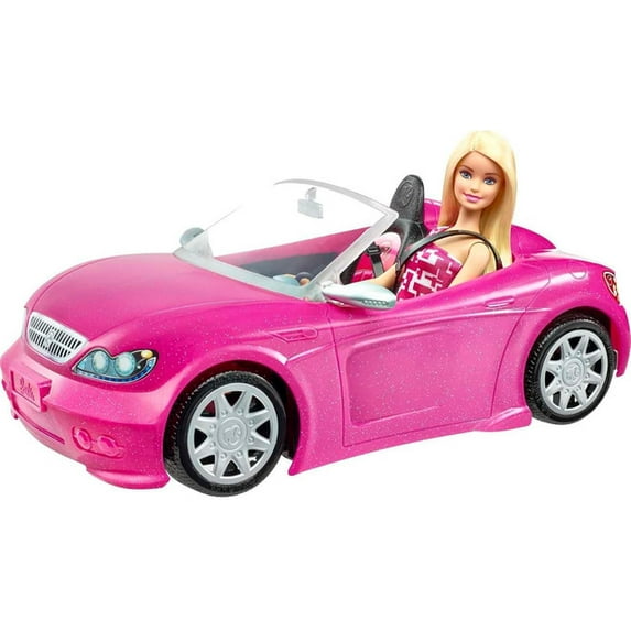 Barbie Doll & Car Playset, Sparkly Pink 2-Seater Toy Convertible with Glam Details & Fashion Doll in Sundress & Sunglasses Exclusive