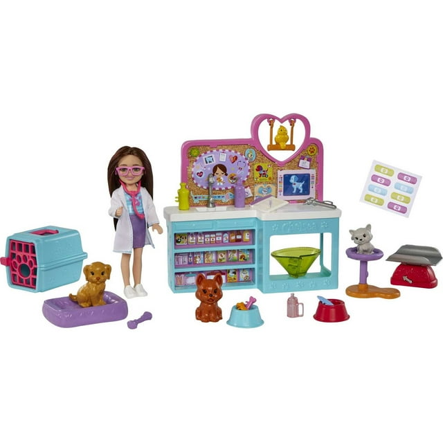 Barbie Doll Chelsea Pet Vet Playset with Doll, 4 Animals and 18 Pieces
