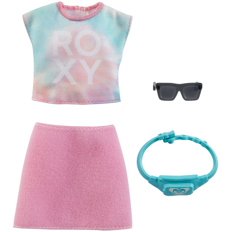 Barbie Doll Clothes Inspired By Roxy, Complete Look with 2 Accessories,  Tie-Dye Roxy T-Shirt, Pink Skirt, Fanny Pack & Sunglasses, Gift for Kids 3  to 8 Years Old 