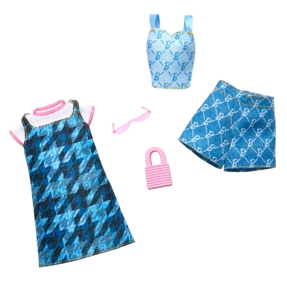 Barbie Doll Clothing Dress, Top, Shorts, Fashion and Accessory Pack in All Denim (2 Outfits)