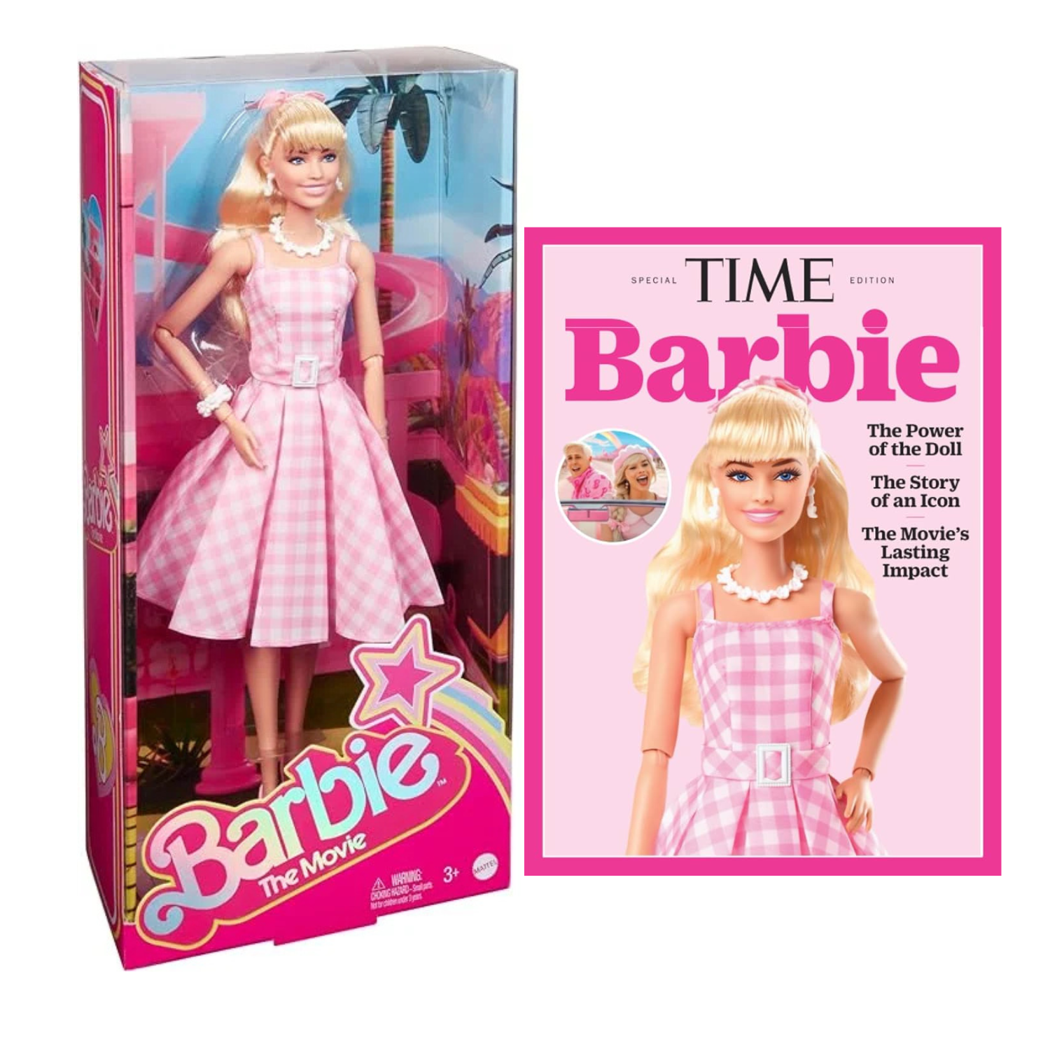 Barbie Doll Margot Wearing Pink and White Gingham Dress Bundled with Magazine