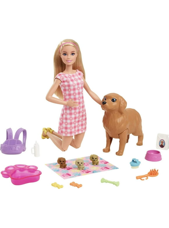 Barbie Doll & Newborn Pets Playset with Pregnant Mom Dog, Color-Change Puppies & Accessories, Blonde