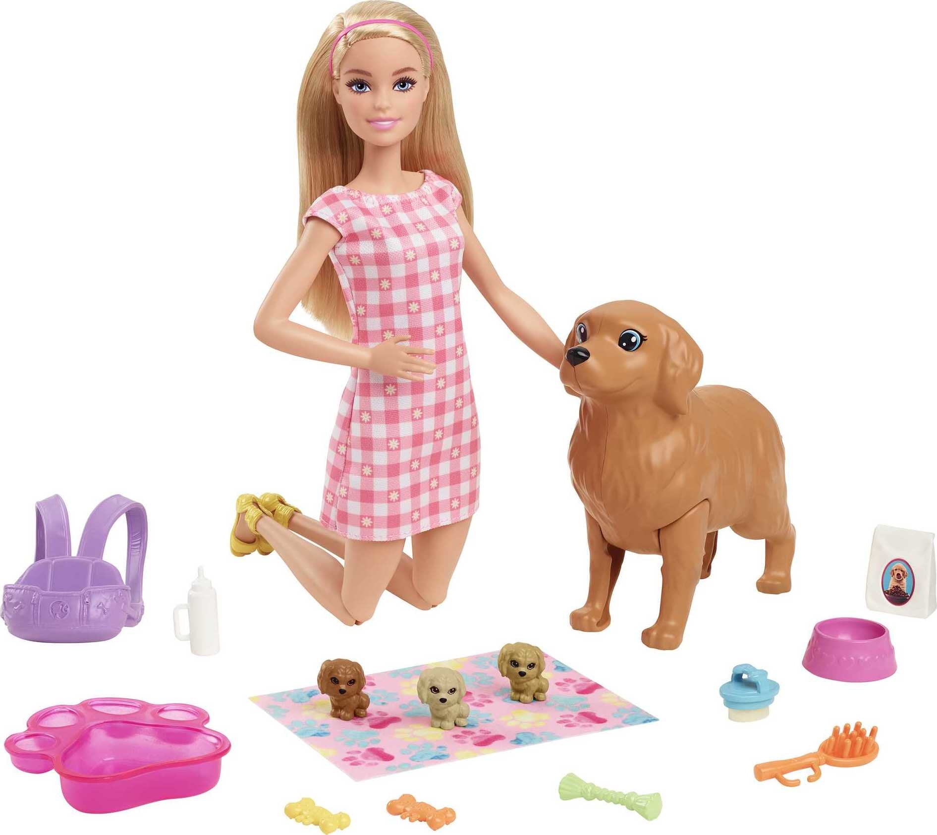 Barbie Doll & Newborn Pups Playset with Mom Dog, 3 Color-Change Puppies & 11 Accessories, Blonde Doll