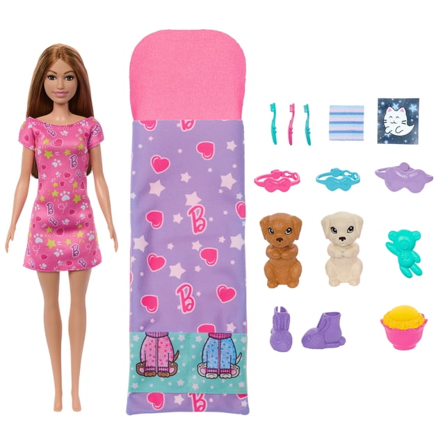 Barbie Doll & Puppy Slumber Party Playset with 2 Toy Dog Figures & 10+ Accessories, Color-Change