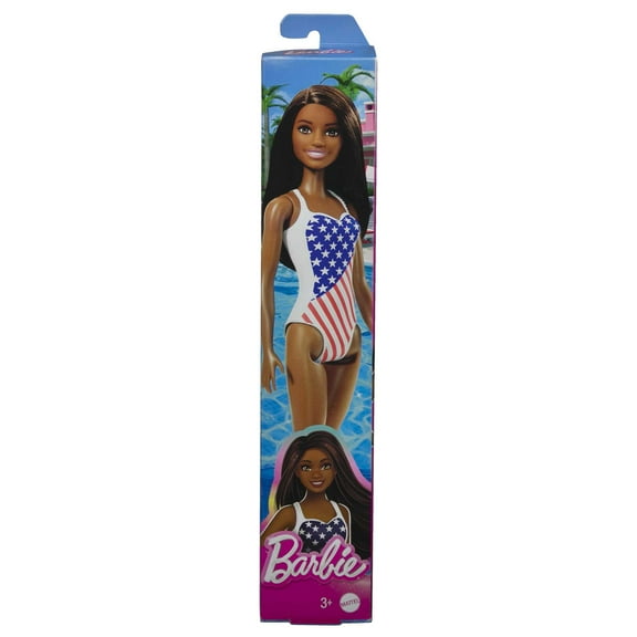 Barbie Doll Wearing American Flag Swimsuit, Barbie Pool And Beach Toys, Brunette