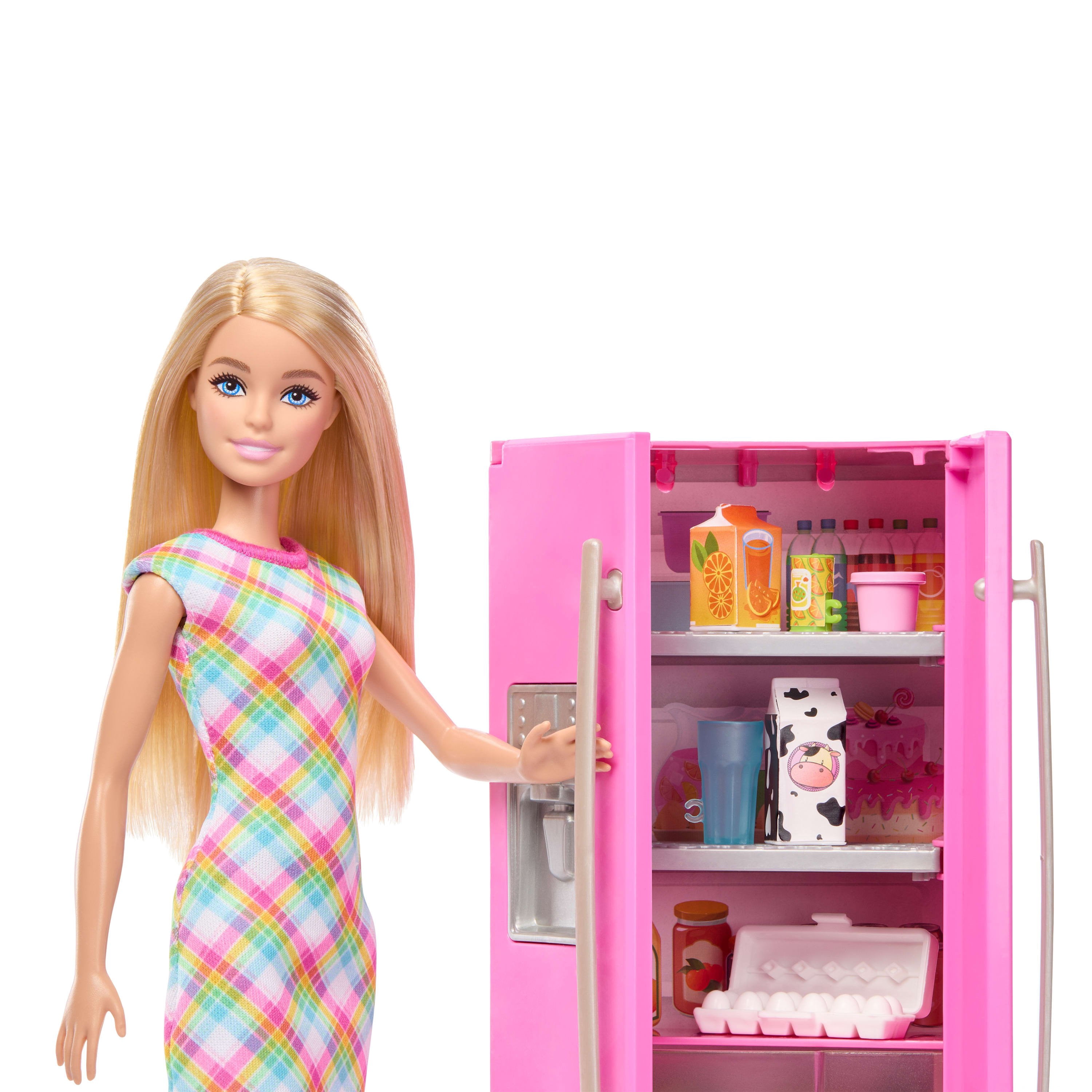 Barbie Doll & Kitchen Playset with Refrigerator & 10 Accessories Including Food Pieces, Plus Sticker Sheet