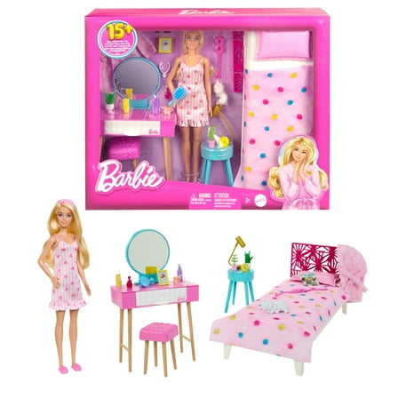 Barbie Doll and Bedroom Playset, Barbie Furniture with 20+ Storytelling Pieces [Walmart Exclusive]