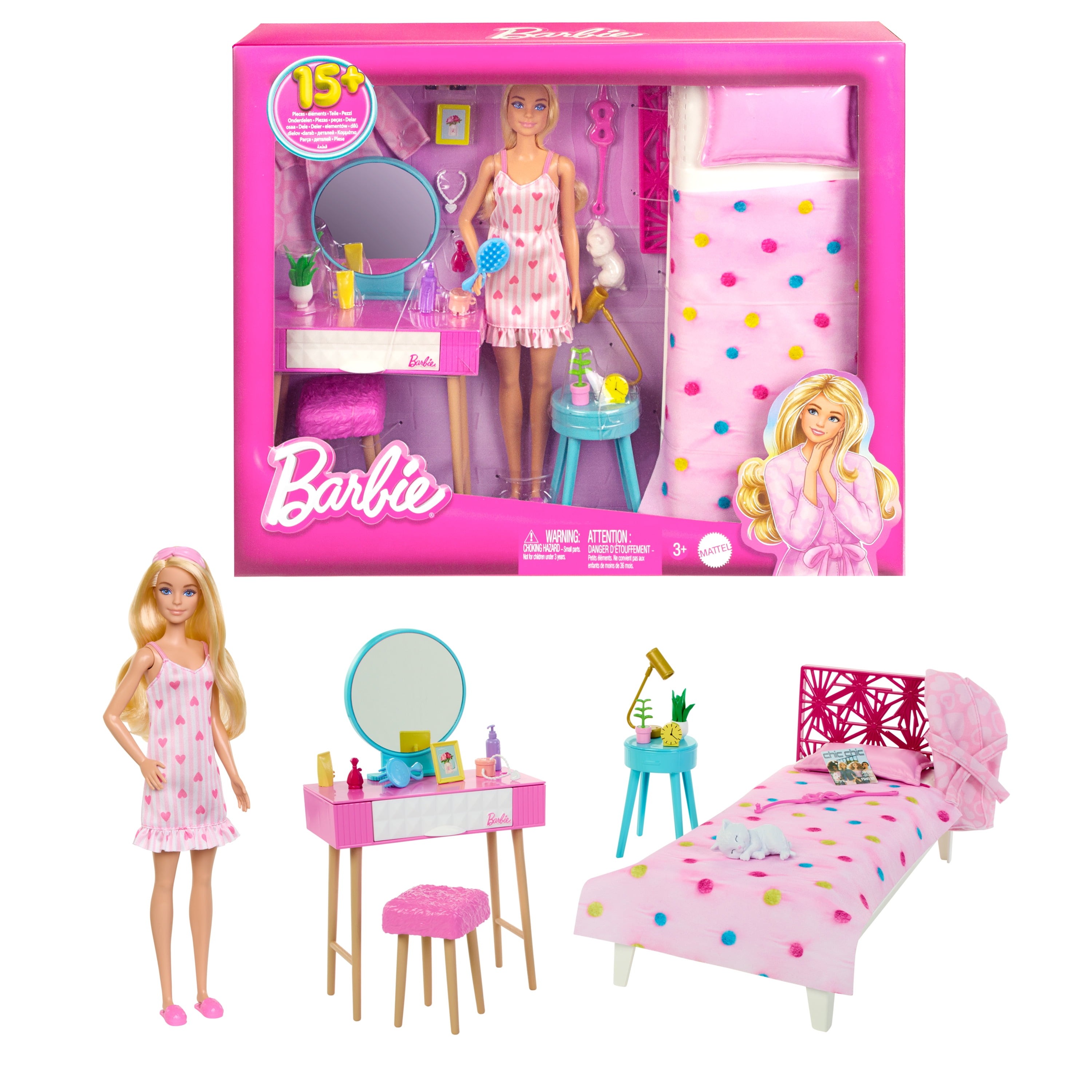 Barbie Doll and Bedroom Playset, Barbie Furniture with 20+ Storytelling  Pieces and Accessories 