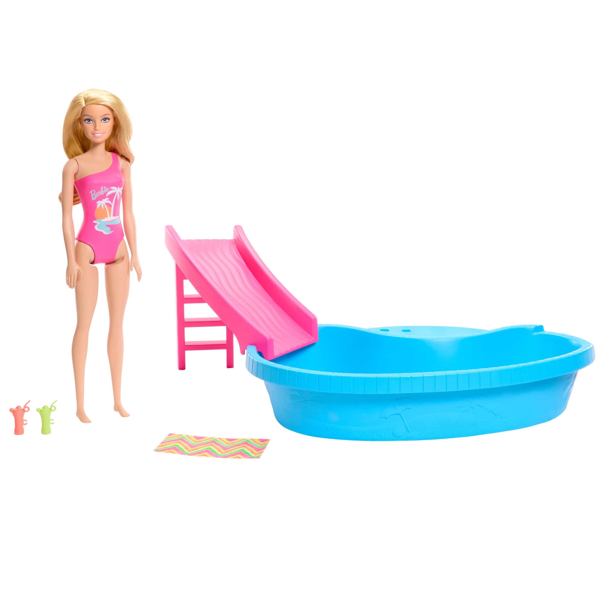 Barbie Doll and Pool Playset, Blonde with Pool, Slide, Towel and Drink Accessories, Multicolor
