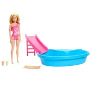 Barbie Doll and Pool Playset, Blonde with Pool, Slide, Towel and Drink Accessories, Multicolor
