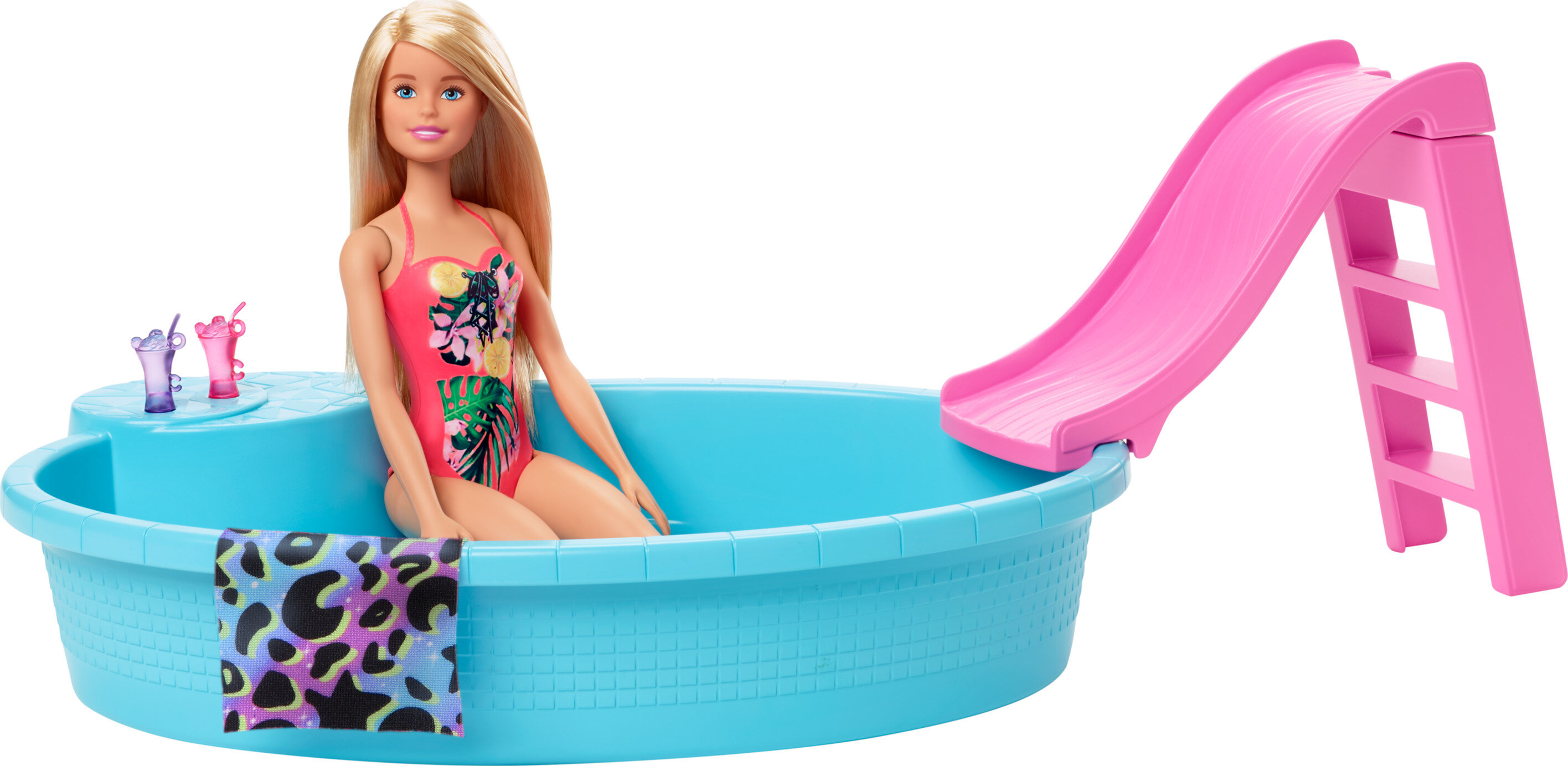 Barbie Doll and Pool Playset with Slide and Accessories, Blonde in Tropical Swimsuit - image 1 of 7